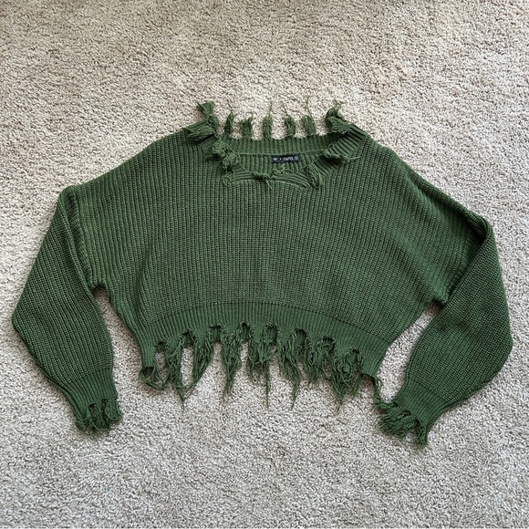 Zaful Army Green Loose Ripped V Neck Sweater One Size - Picture 7 of 14